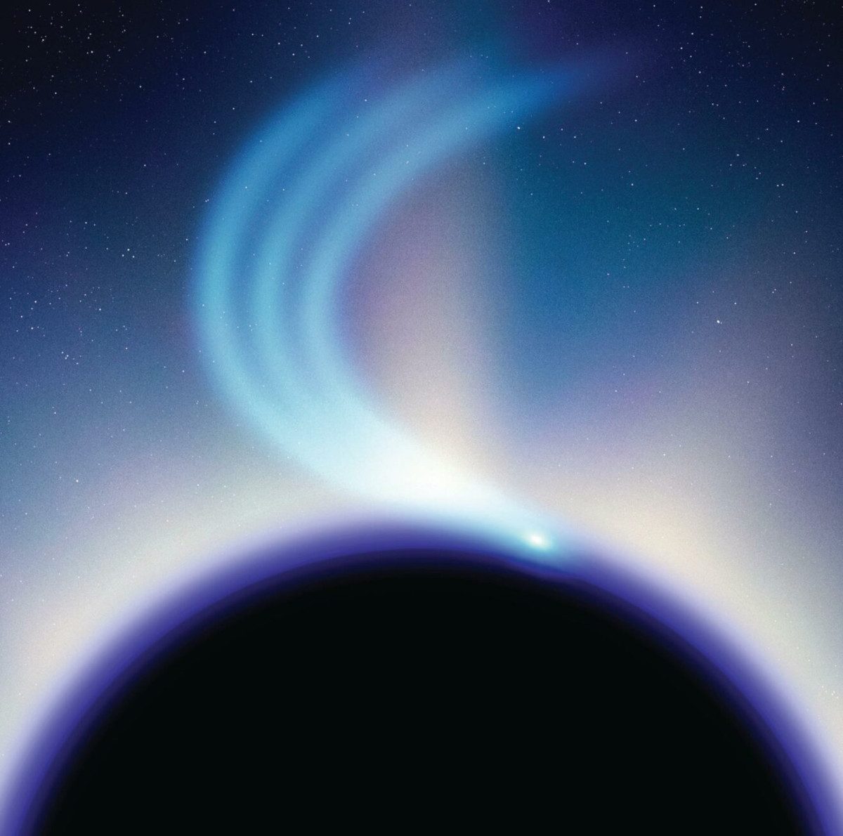 The blue flash curving away from the event horizon in this illustration represents particles of Hawking radiation escaping the black hole