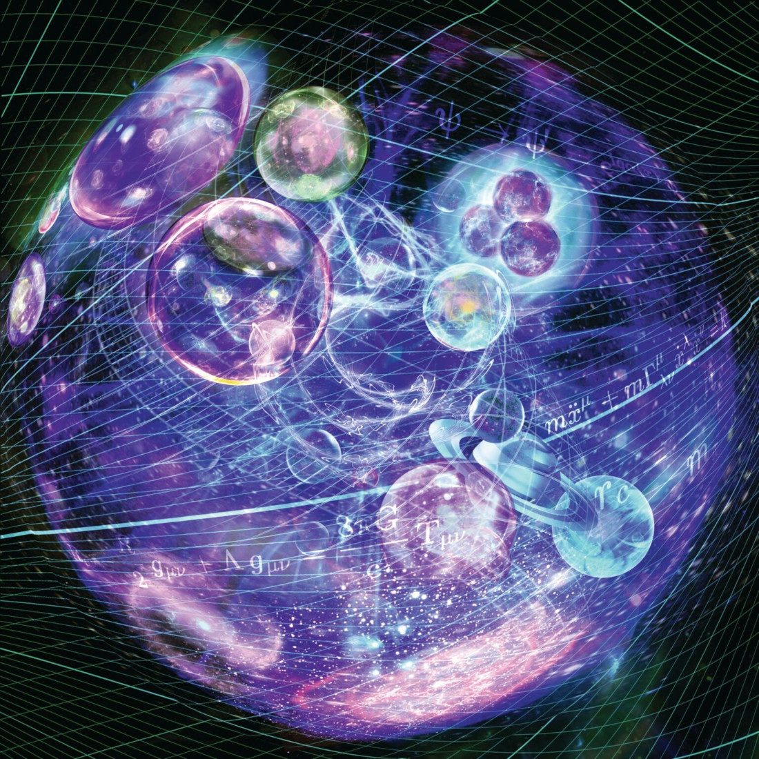 Illustration of galaxies, planets and other space/science things inside a purple sphere - inside of a black hole depiction