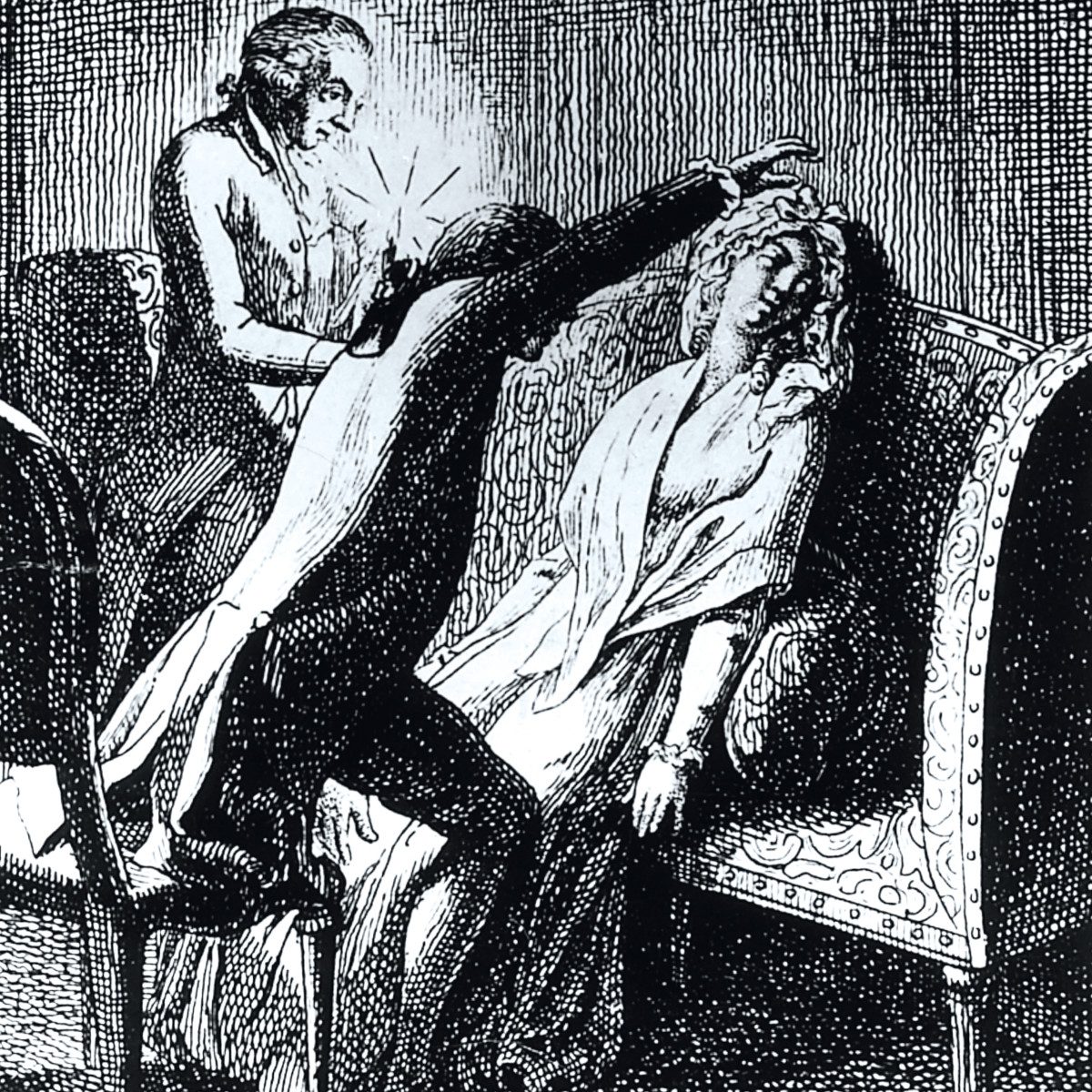 An old ink illustration of a man holding his hand over a sitting woman, who seems unconscious, with another man standing behind them.