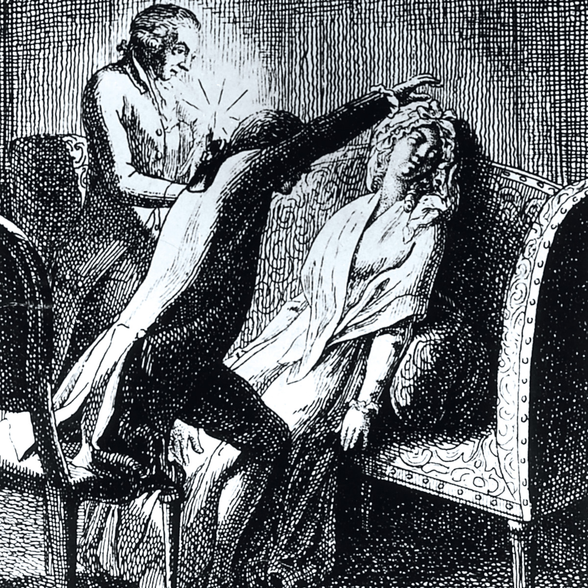 An old ink illustration of a man holding his hand over a sitting woman, who seems unconscious, with another man standing behind them.