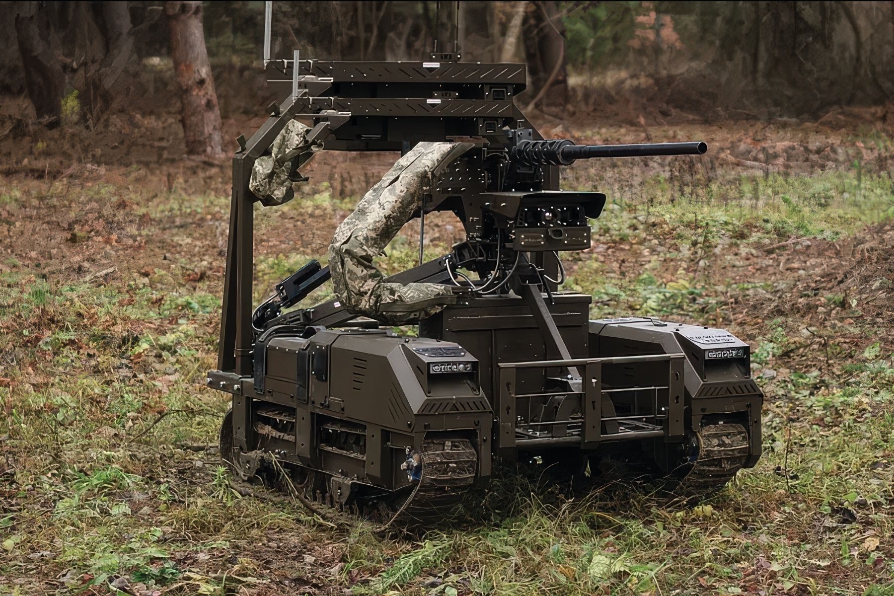 A black and camouflage metal contraption on wheels has a gun on it