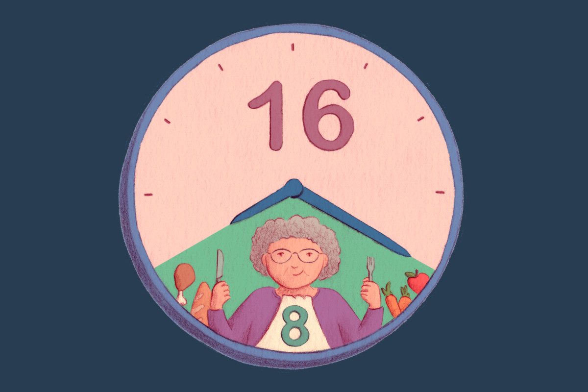 Illustration of a clock labeled '16' and '8', with an elderly person holding a knife and fork surrounded by food in the '8' section of the clock