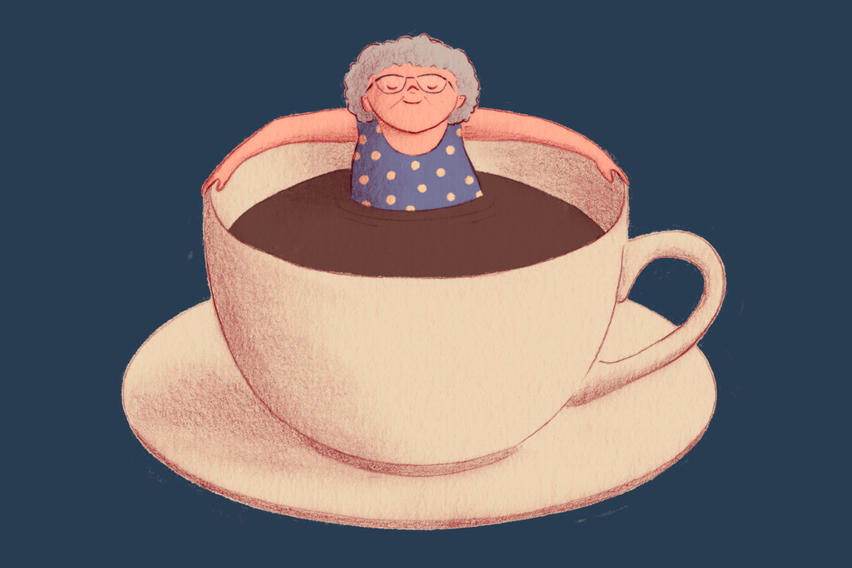 Illustration of an elderly person relaxing in a giant cup of coffee