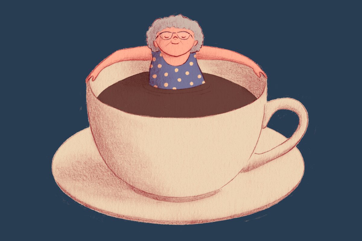 Illustration of an elderly person relaxing in a giant cup of coffee