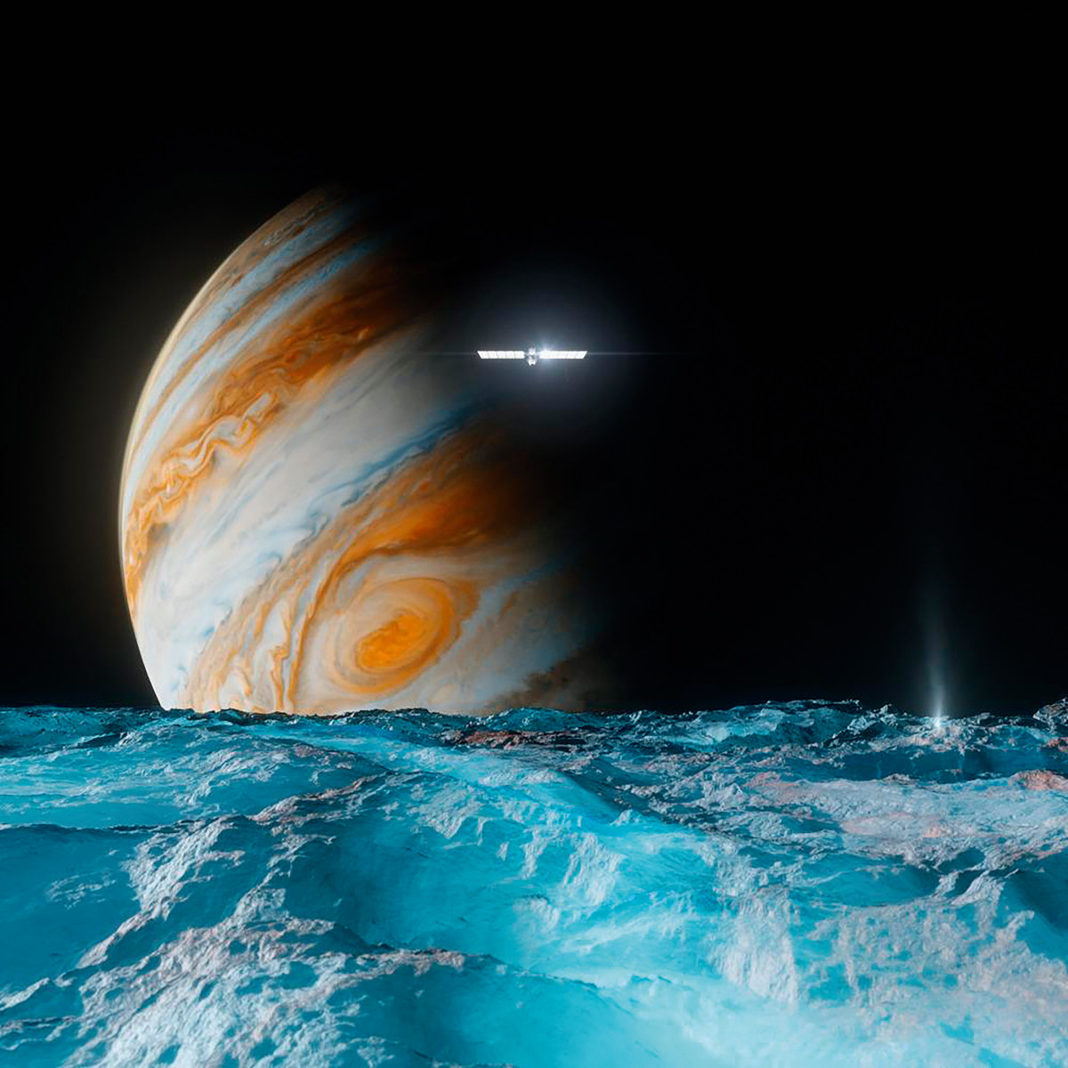 Image of a spacecraft above Jupiter’s Icy moon, with Jupiter looming in the background