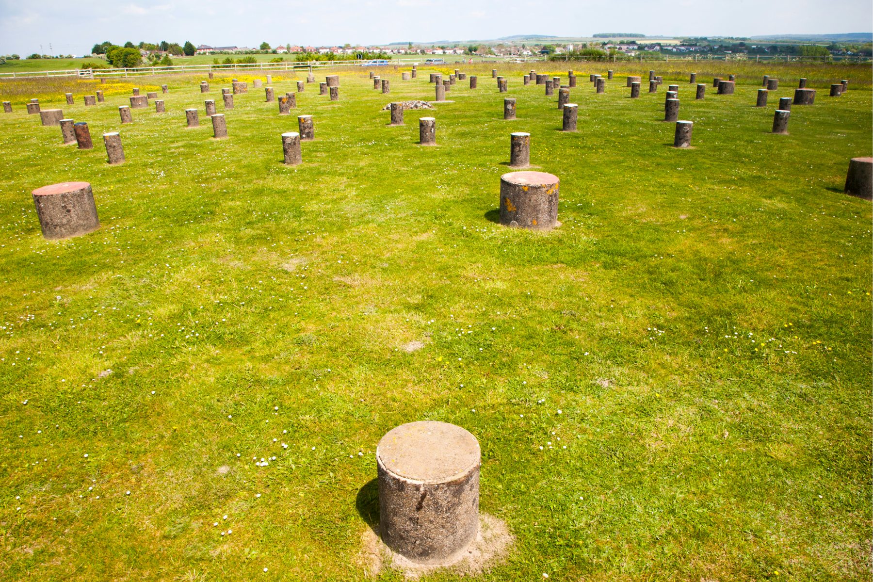 Short cylindrical concrete posts in a green field, marking the area where Woodhenge once stood