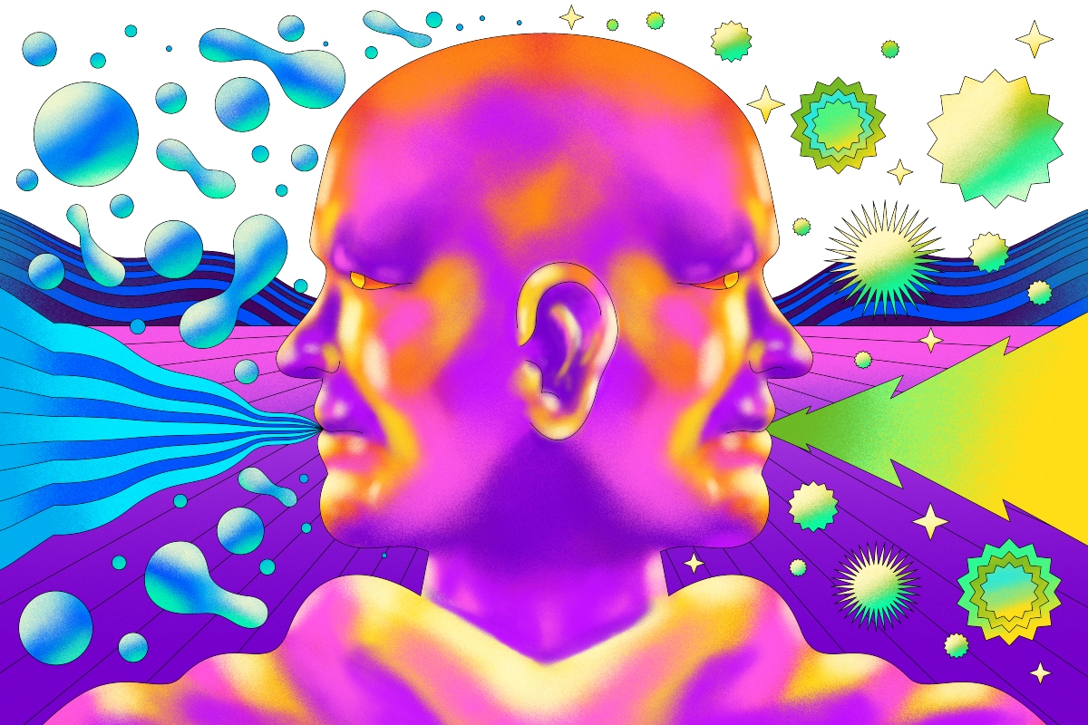 An illustration of the two-sided head that conveys lying
