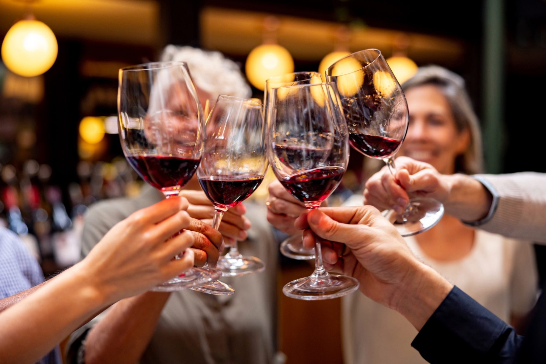 Group of people toasting with glasses of red wine indoors.