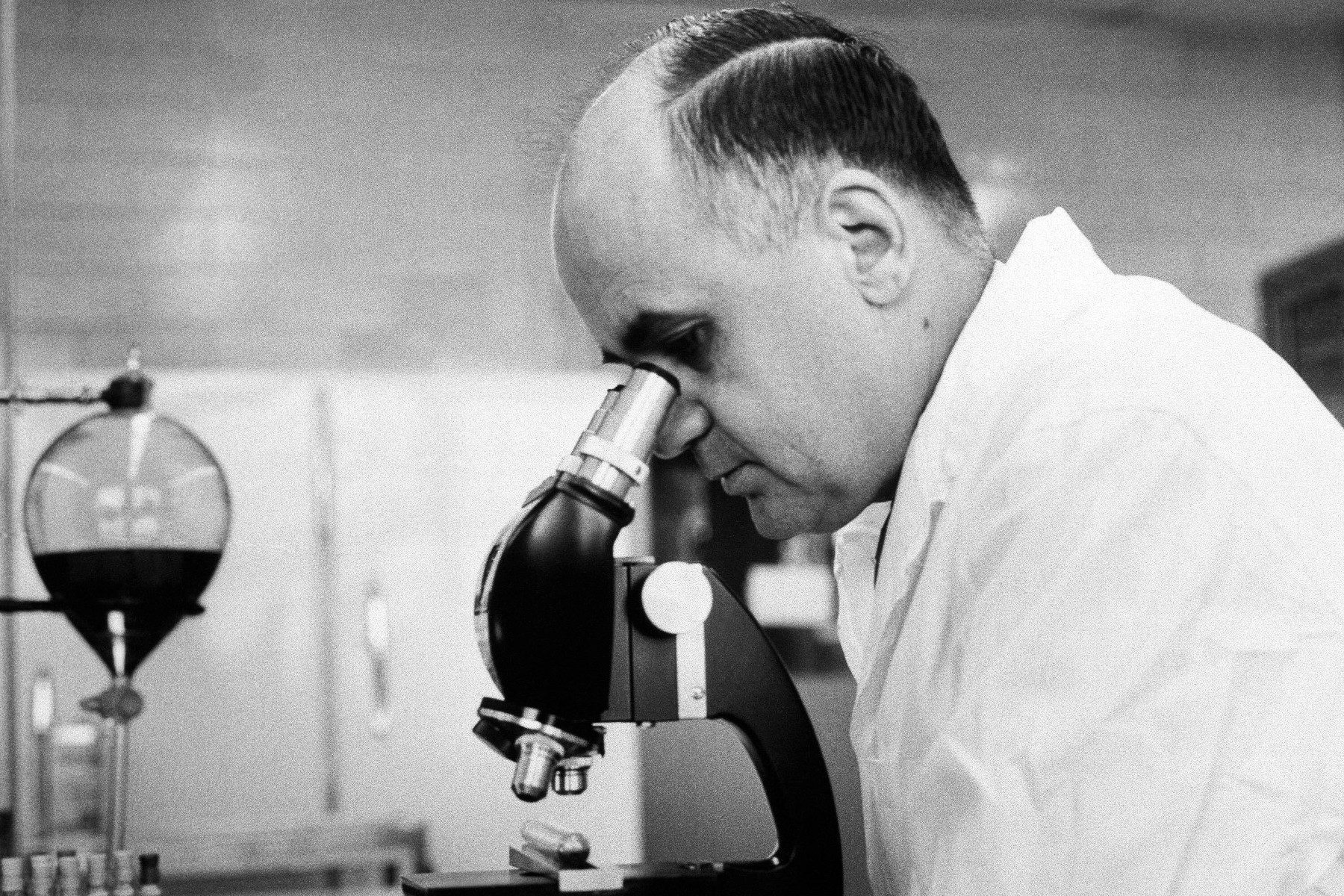 Dr Maurice Hilleman checks the growth of a virus in roller tube tissue culture