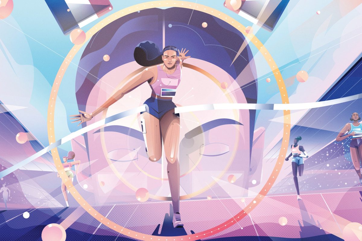 Illustration of a person winning a running race, they are center of a calm face with closed eyes in the background