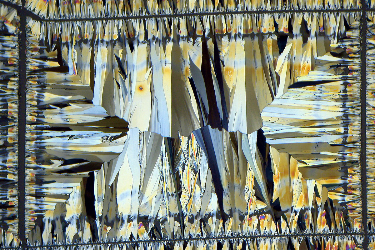 Jagged colourful crystal forms.