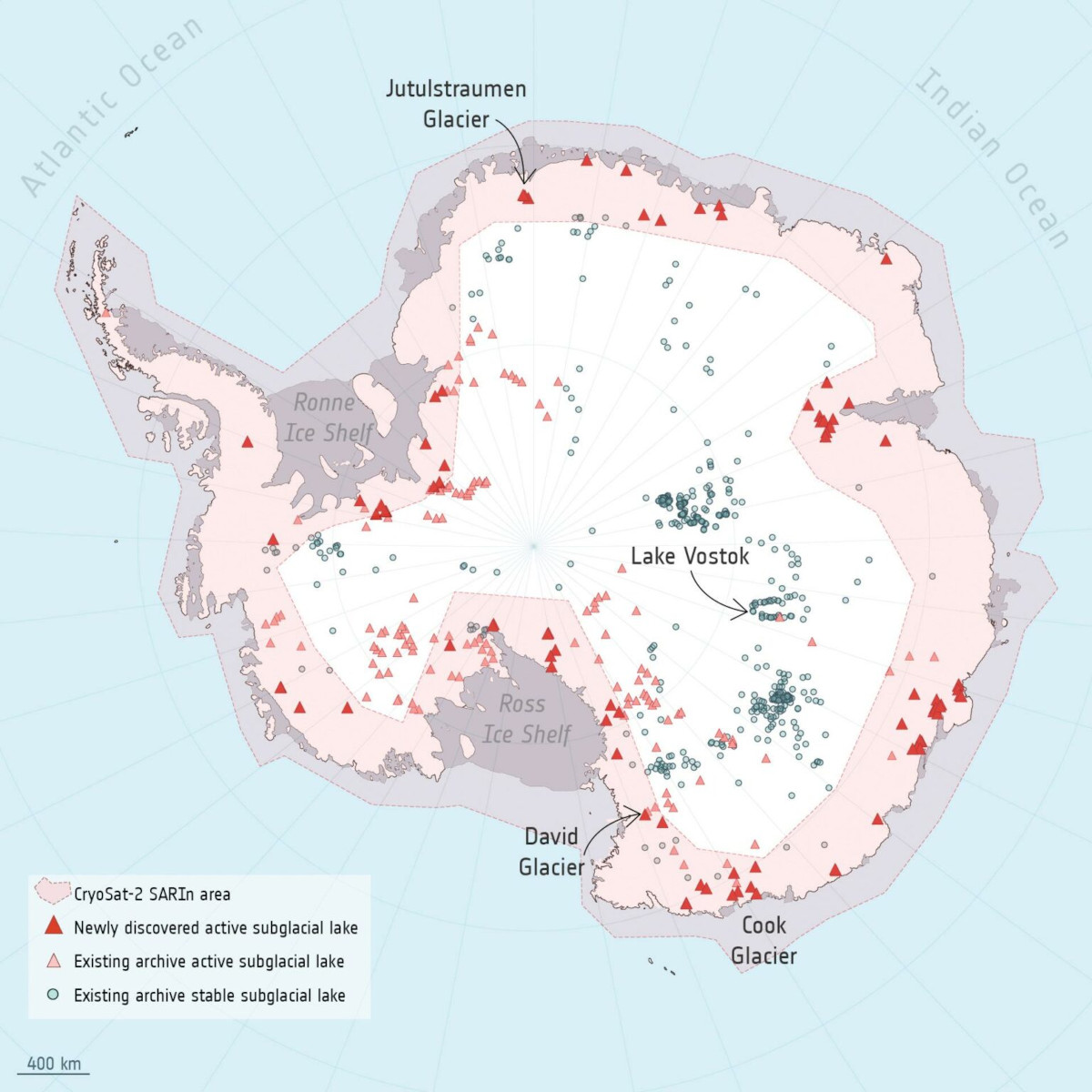 A map of subglacial lakes beneath the Antarctic ice sheet. Data for the map was recorded via the Earth Explorer CryoSat mission, a European Space Agency satellite
