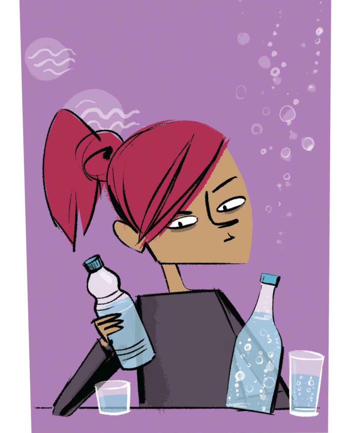 Illustration of a person holding a bottle of still and sparkling water in either hand