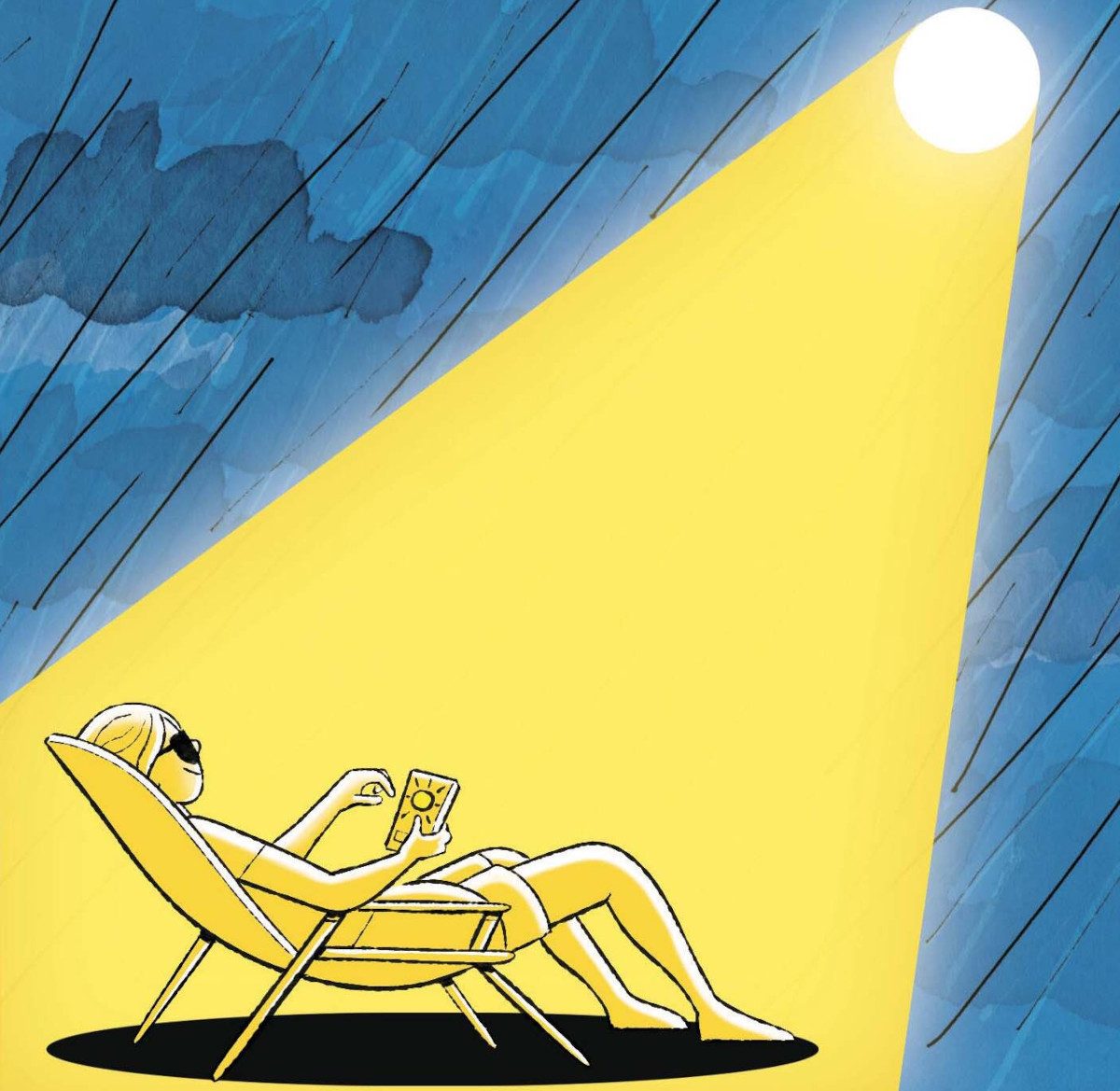 Illustration of a person in a sun lounger on their phone, ordering more sunlight. They are in the sunlight like a spotlight amongst rain and clouds