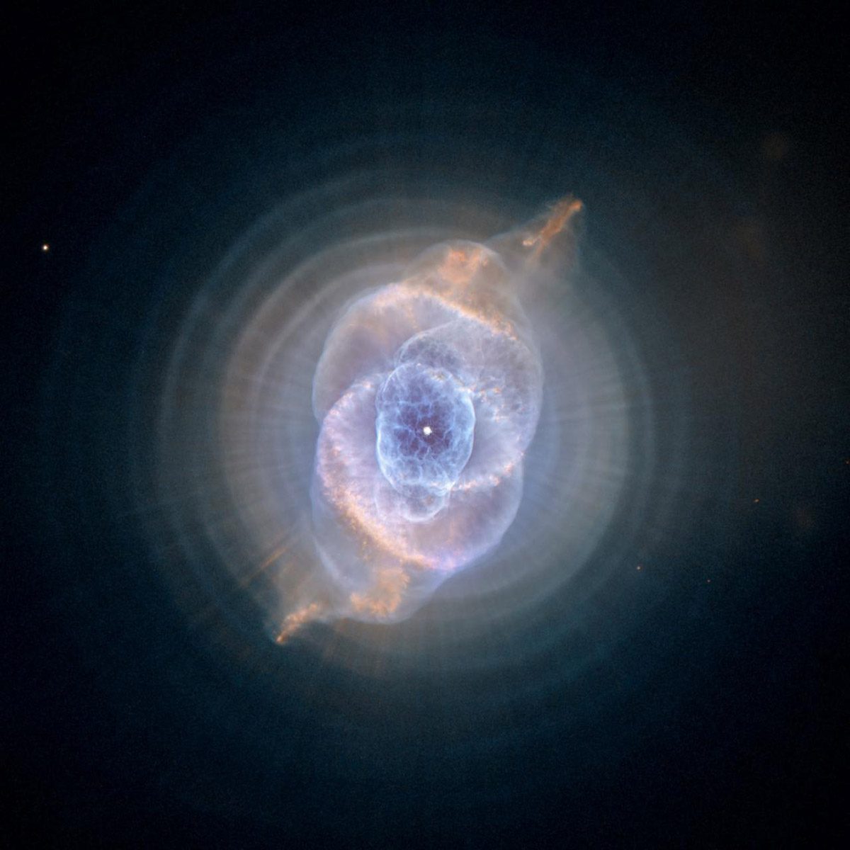 The Cat's Eye Nebula, one of the first planetary nebulae discovered, also has one of the most complex forms known to this kind of nebula. Eleven rings, or shells, of gas make up the Cat's Eye.