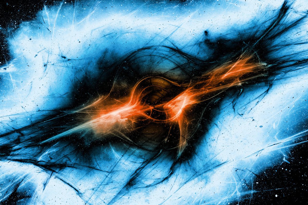 An artist's impression of a black hole. The orange line represents the flat accretion disc and shows how the light it gives off is distorted by the black hole's gravity