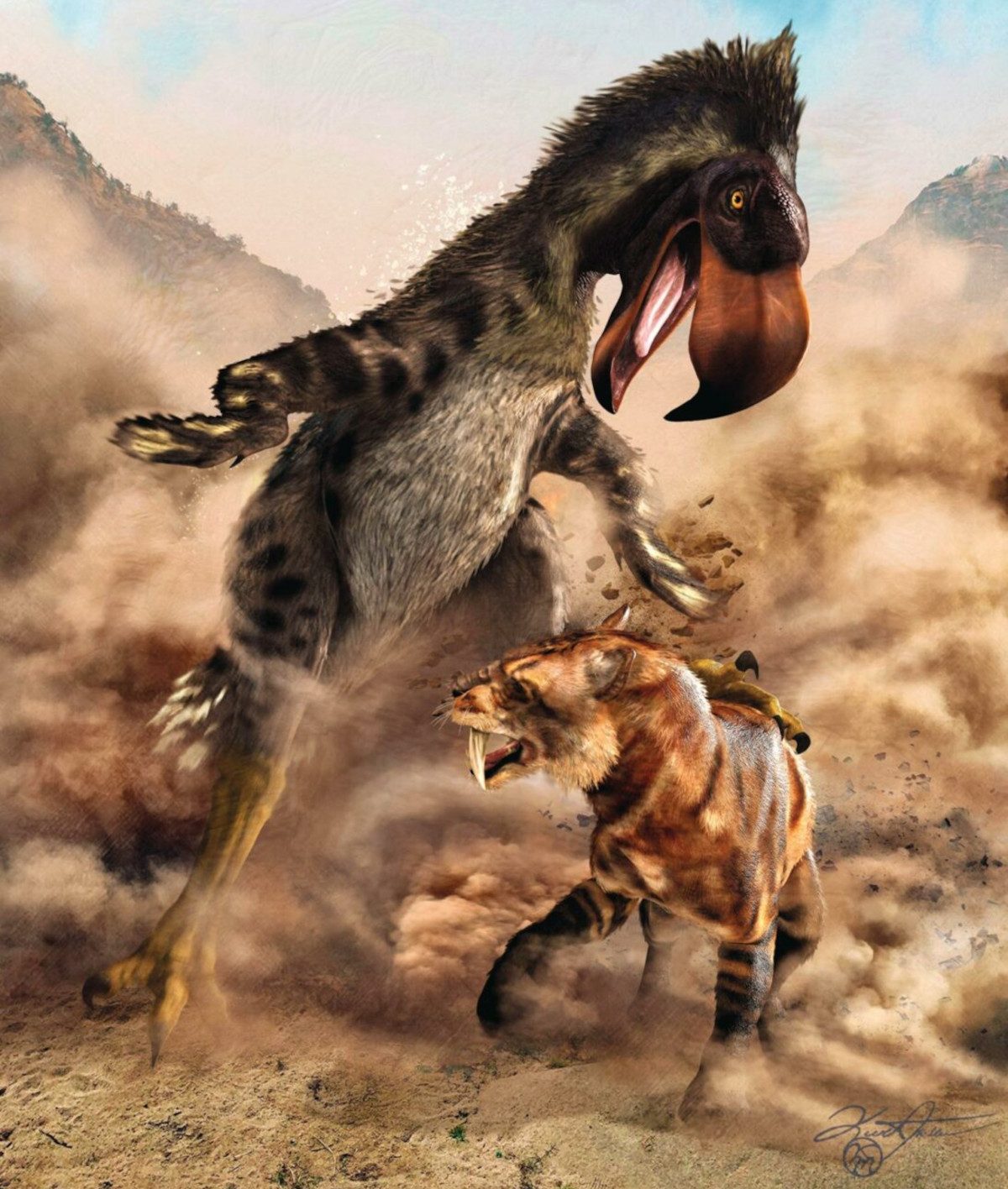 Painting of a terror bird in a scrap with a sabre tooth