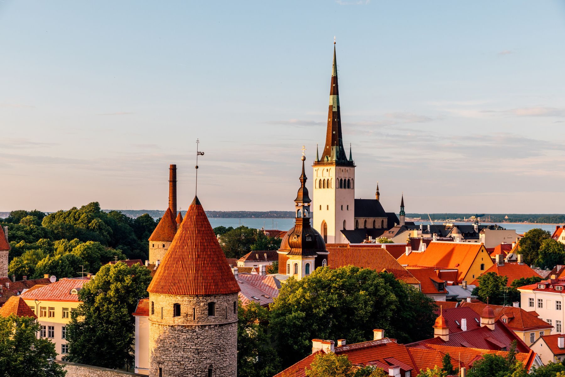 Tallinn medieval walls and towers and St Olaf's Church, aerial view, Estonia