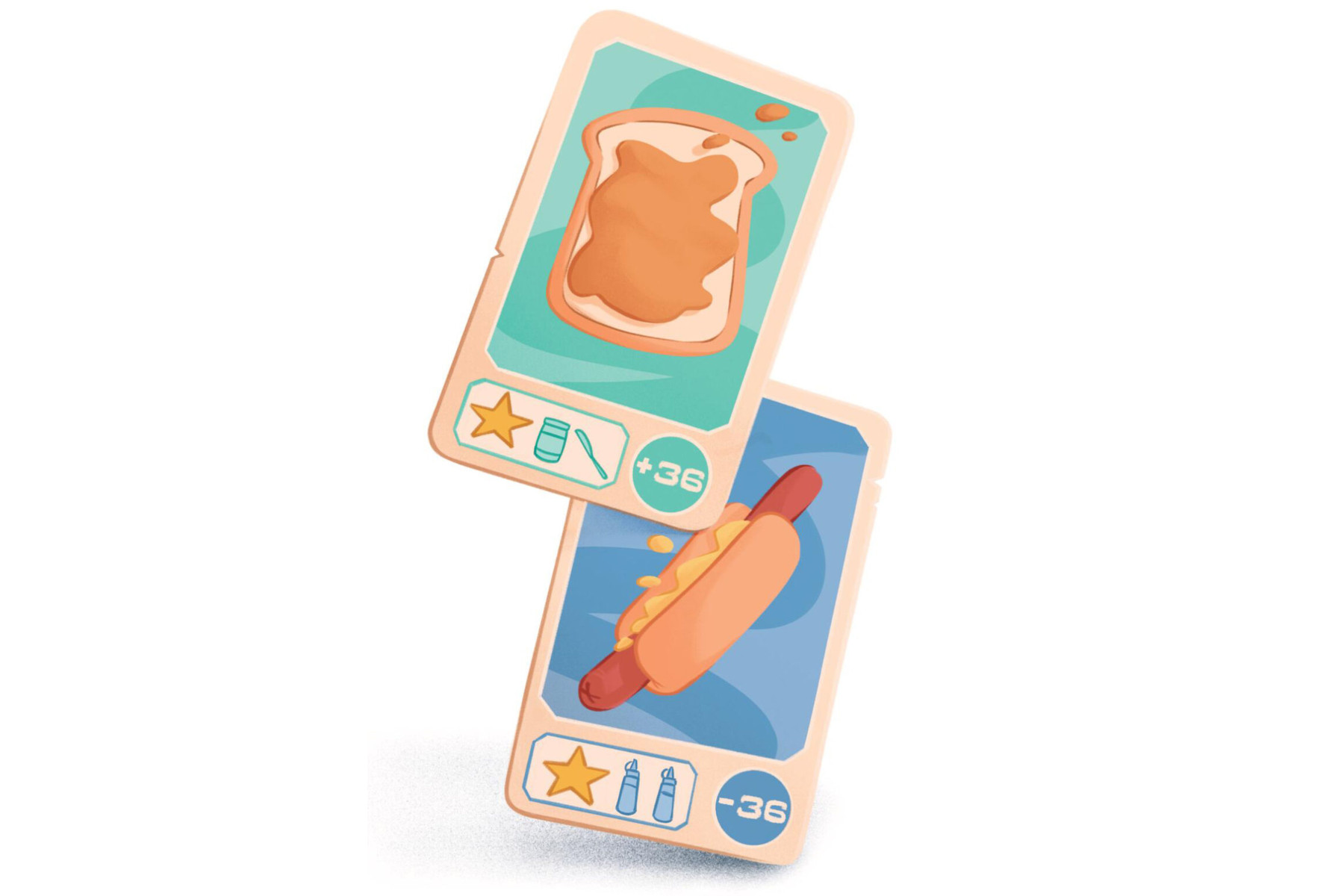 Illustration of two cards, one has peanut butter on toast (+36) on it and the other has a hot dog (-36) on it