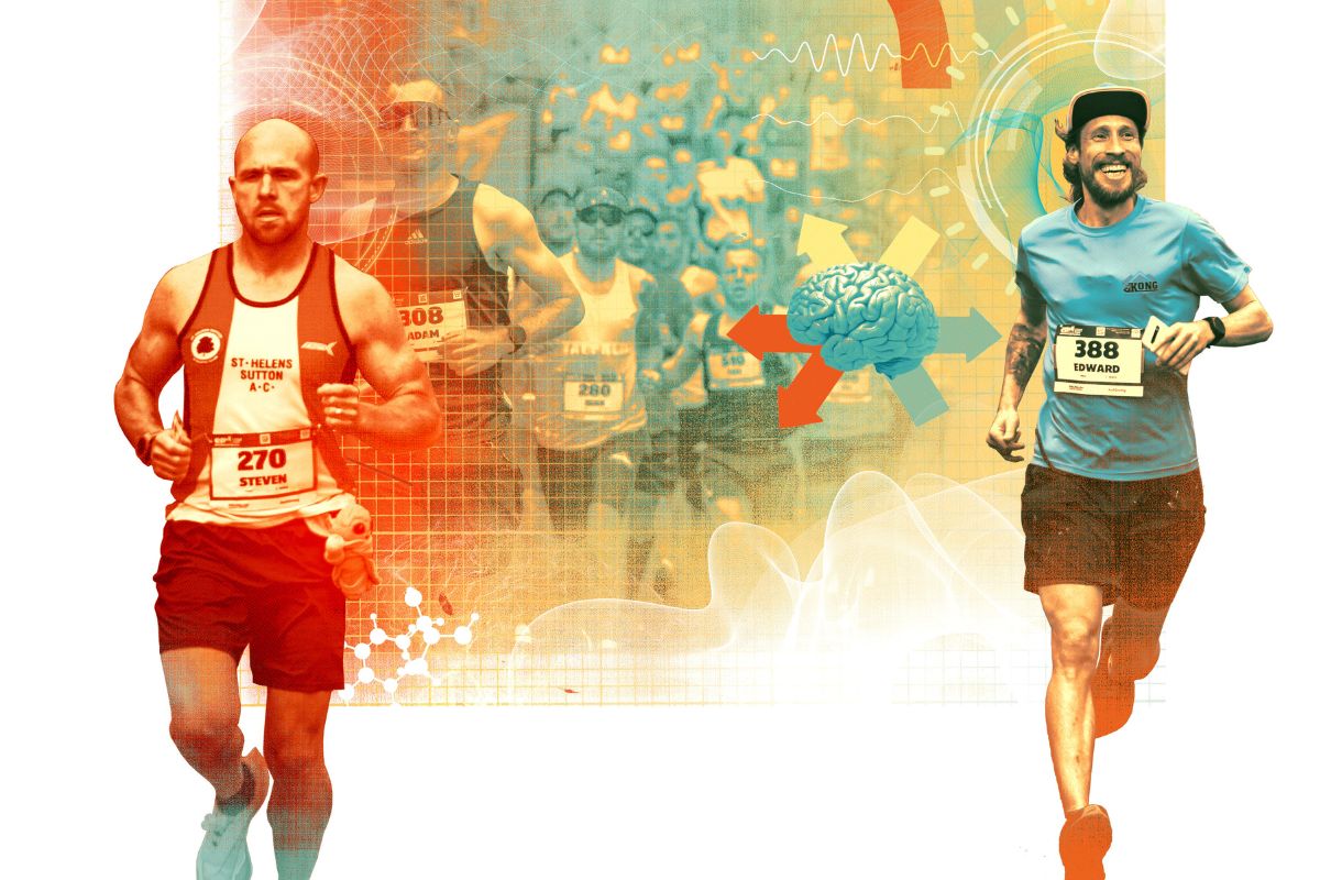 Two people run in a race, with blurry others behind them, in red, blue and yellow
