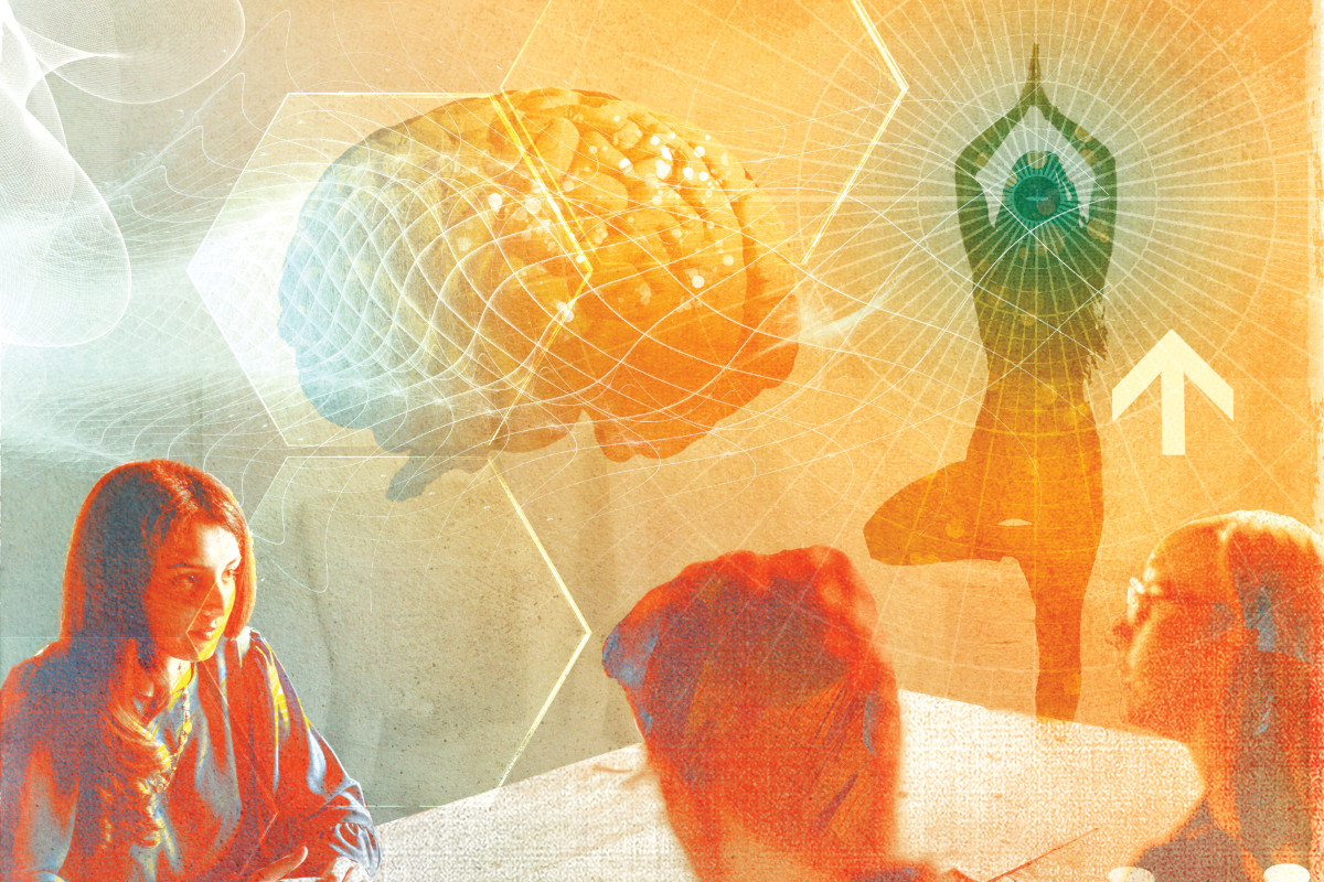 Illustration of people sat around a table, a brain floats above them besides a silhouette of a person performing yoga