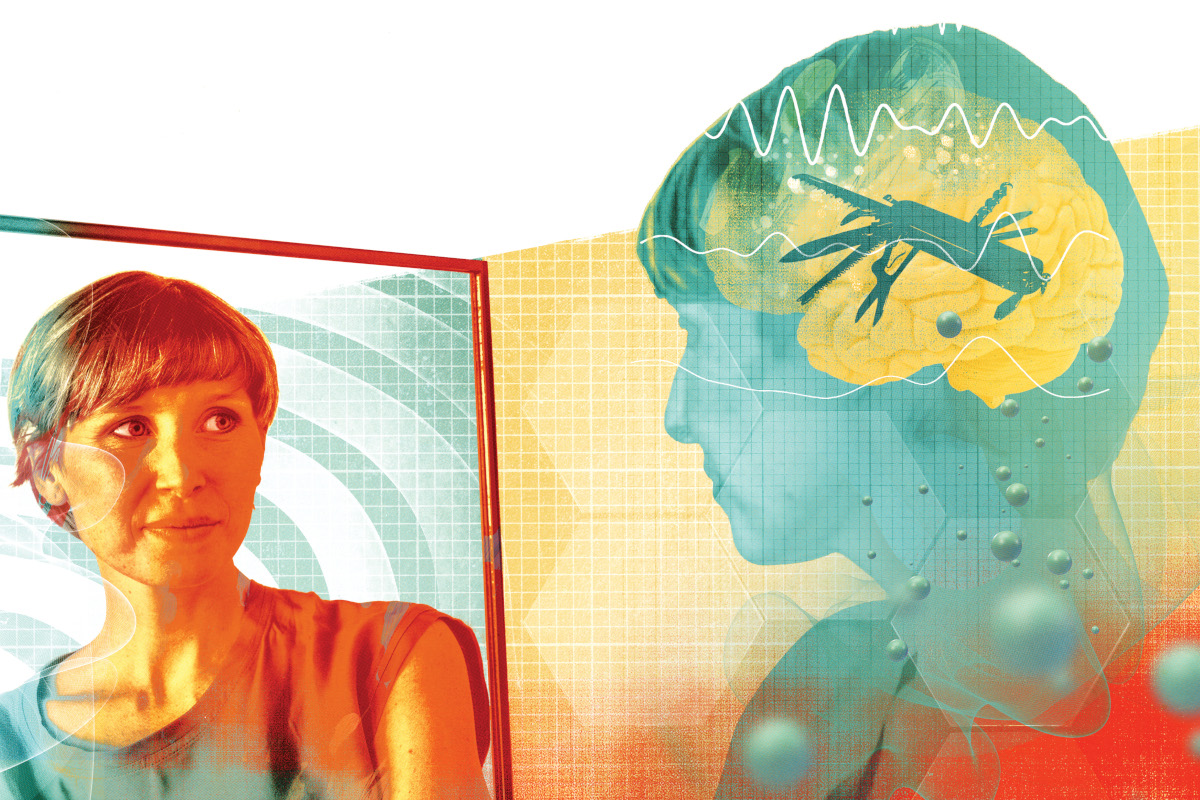 Illustration of a person looking in a mirror and the silhouette image of the person shows a Swiss army knife in their brain