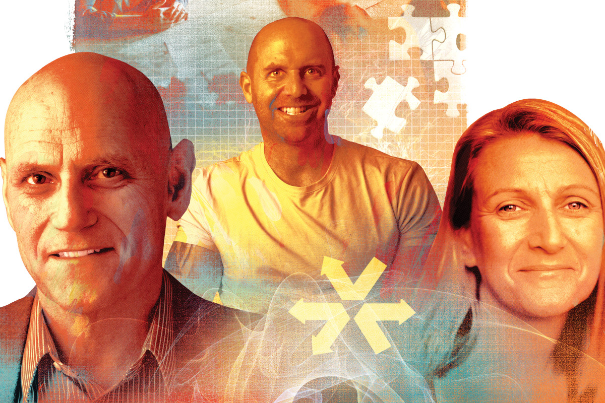 Illustration of three people with arrows pointing different directions and puzzle pieces