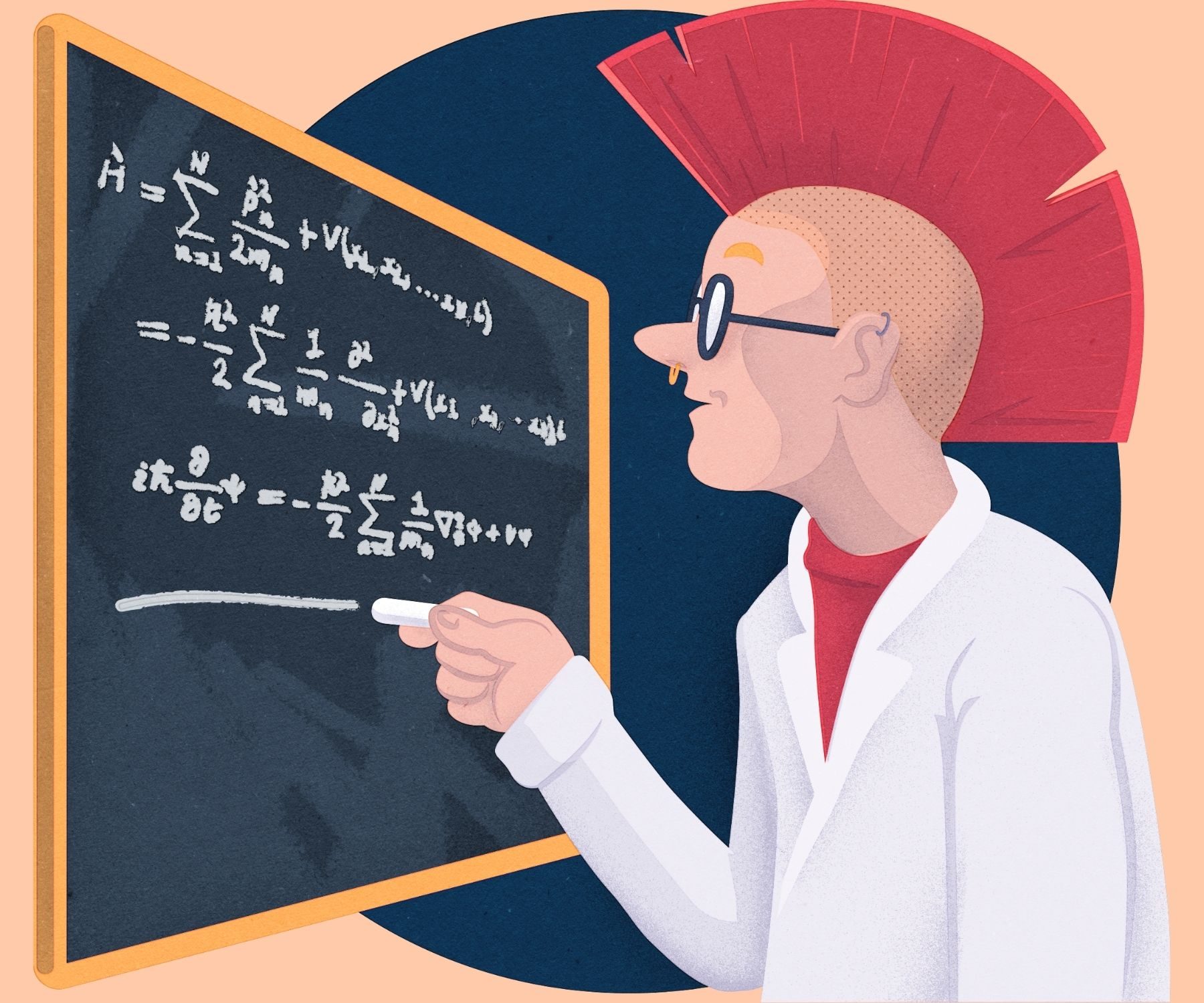 Illustration of a scientist with a punk haircut doing intense algebra on a chalkboard
