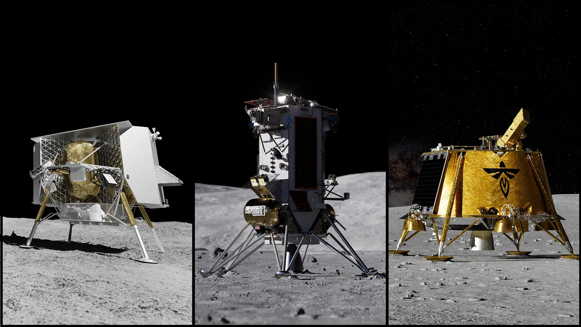 Three artist renderings depict commercial lunar landers from Astrobotic, Intuitive Machines, and Firefly on the Moon. NASA announced June 30 the landers will deliver more NASA science investigations and technology demonstrations to the lunar surface for NASA’s Moon Base Program