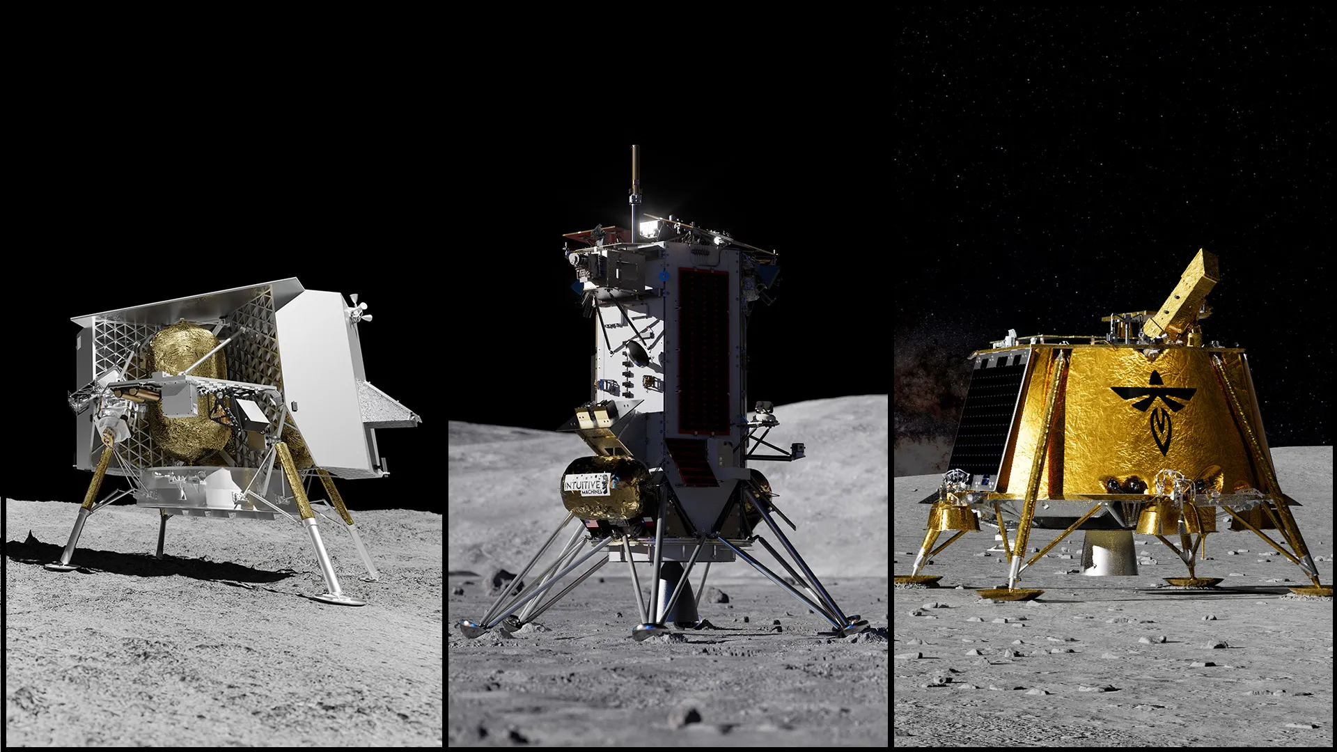 Three artist renderings depict commercial lunar landers from Astrobotic, Intuitive Machines, and Firefly on the Moon. NASA announced June 30 the landers will deliver more NASA science investigations and technology demonstrations to the lunar surface for NASA’s Moon Base Program