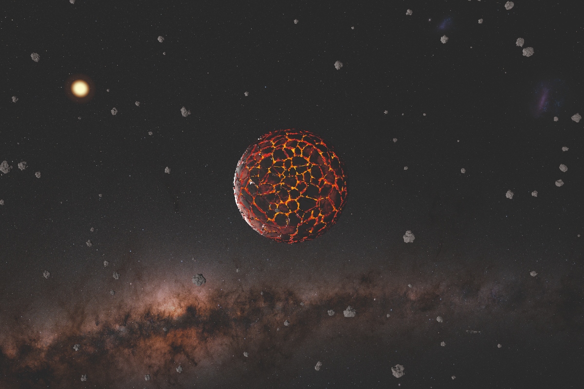 A long shot illustration of a formed planetesimal, an Earth-like planet formed of rocks