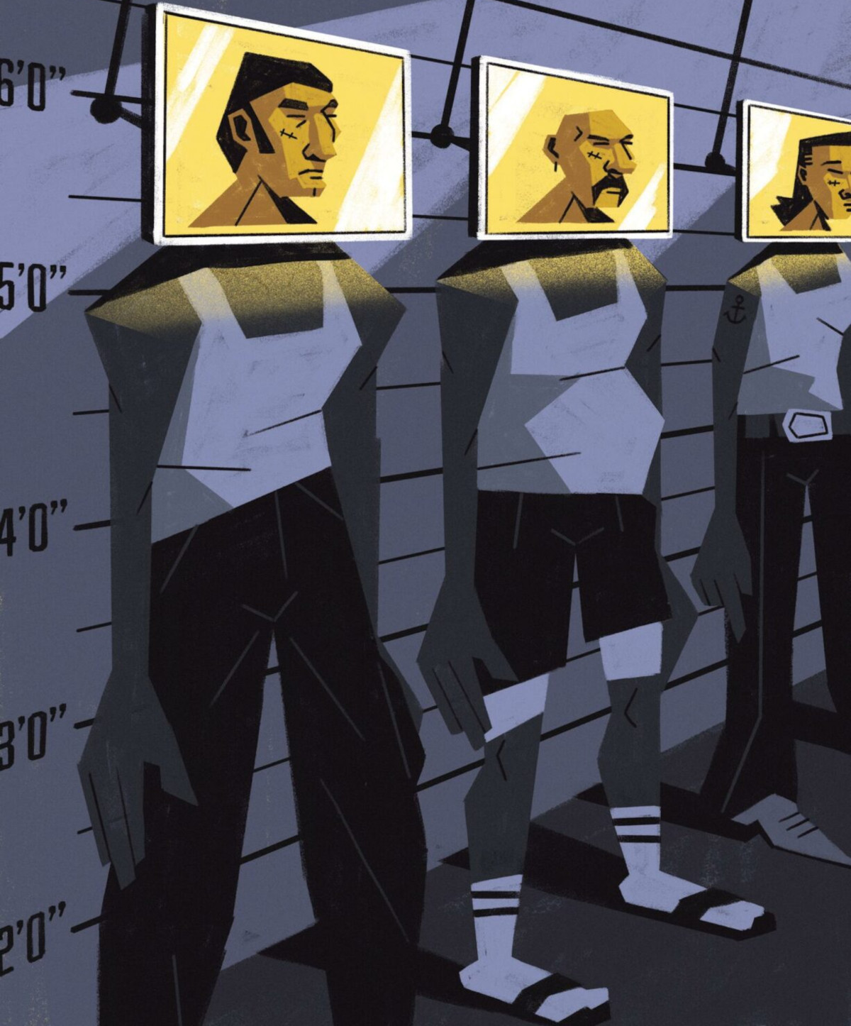 Illustration of a police line-up with screens of different faces over the bodies of the people