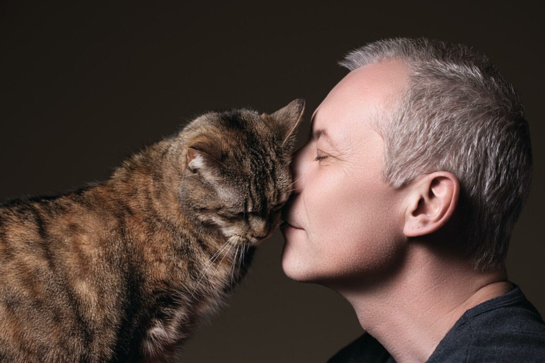 A cat is rubbing its face on the face of a person