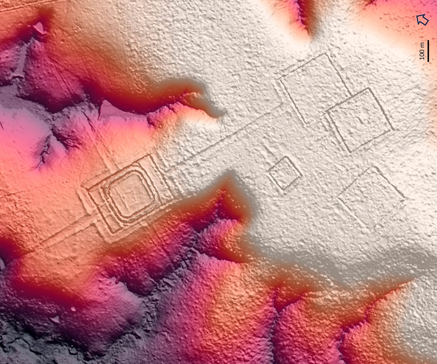 topographic map of the Amazon showing several rectangular structures on the ground