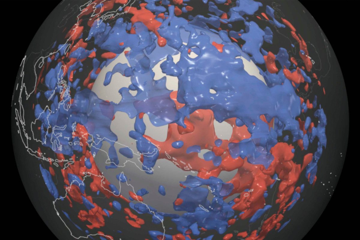 CG image showing red and blue patches inside the Earth's lower mantle