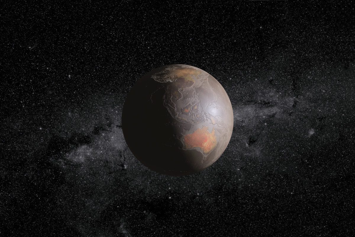 Illustration of a barren Earth as it might look following extreme climate change or other catastrophe. The band of stars forming the Milky Way in the night sky is in the background.