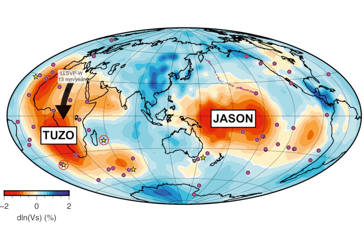 Illustration of a map showing the approximate positions of the two large low-velocity provinces known as Tuzo and Jason (Tuzo on the far west and Jason in the east)