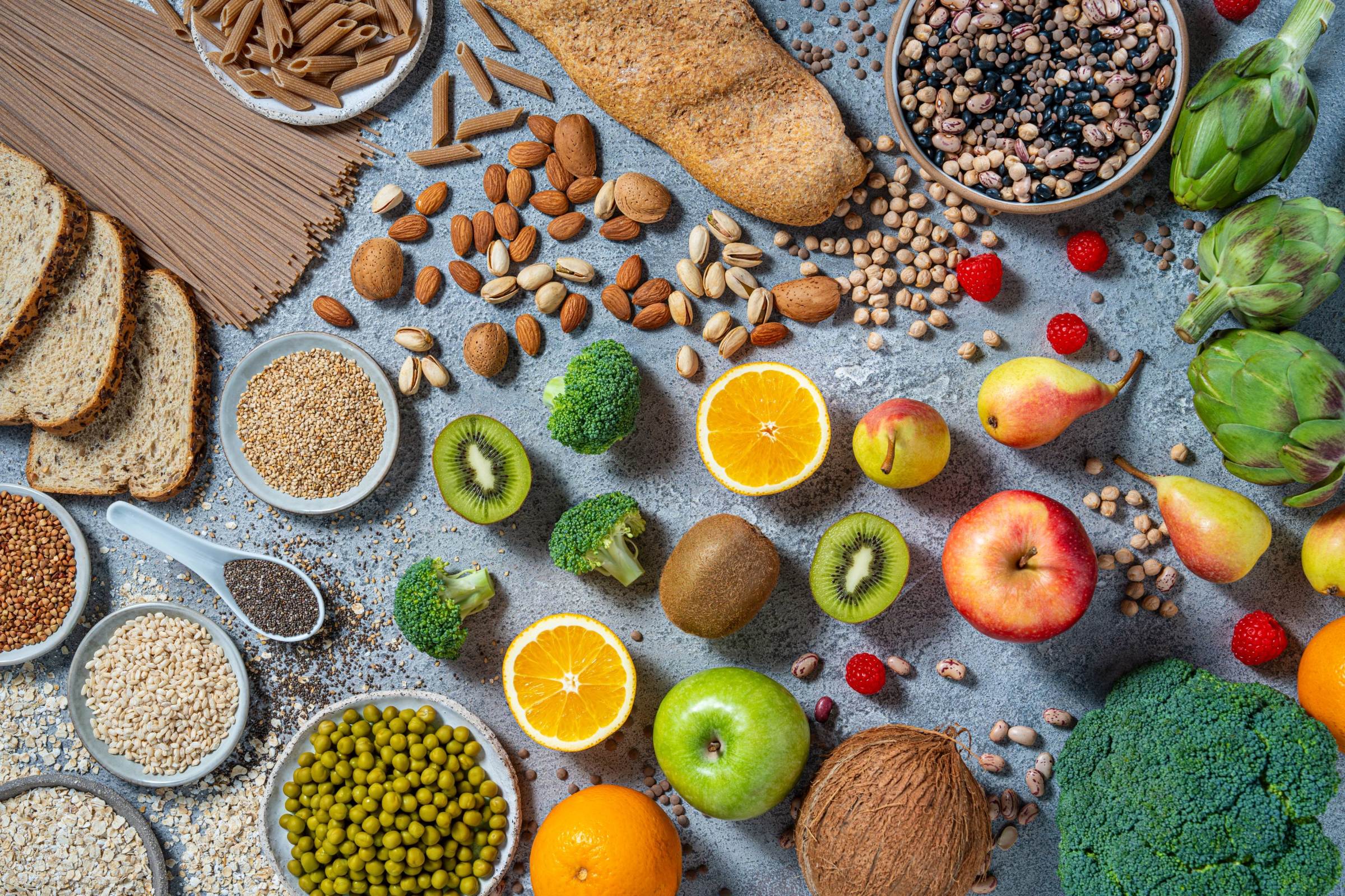 A selection of foods high in fibre