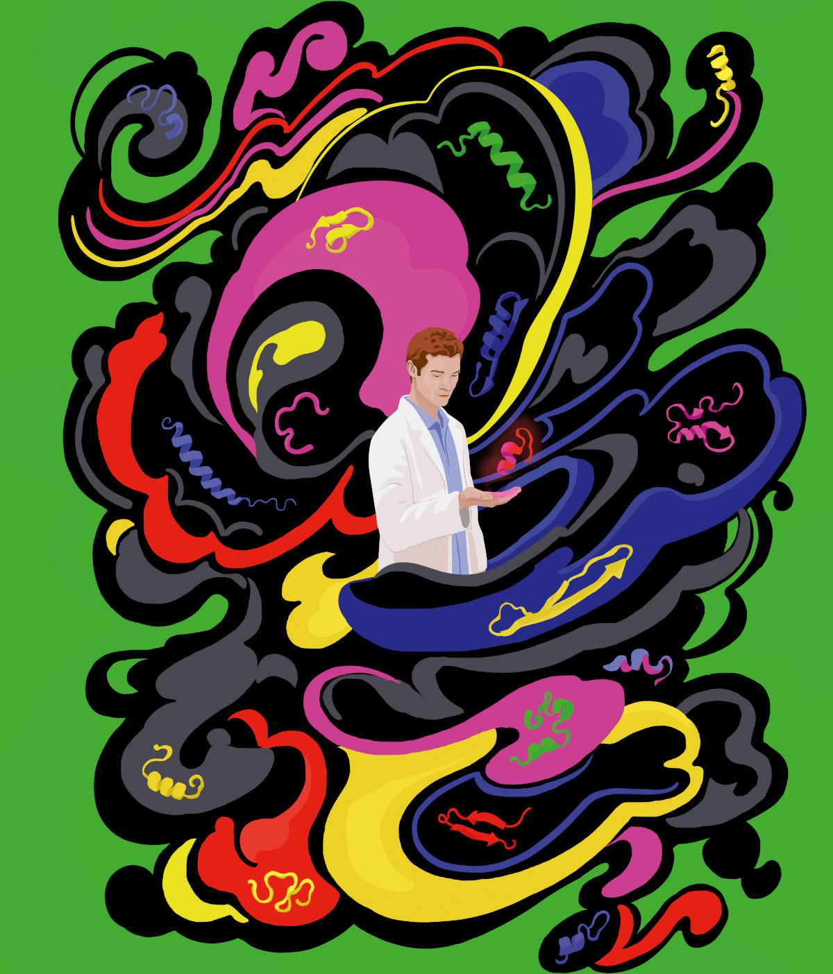 Illustration of a scientist looking at a red strand of something levitating above their hand. They are surrounded by an exploasion of different colours and DNA strands