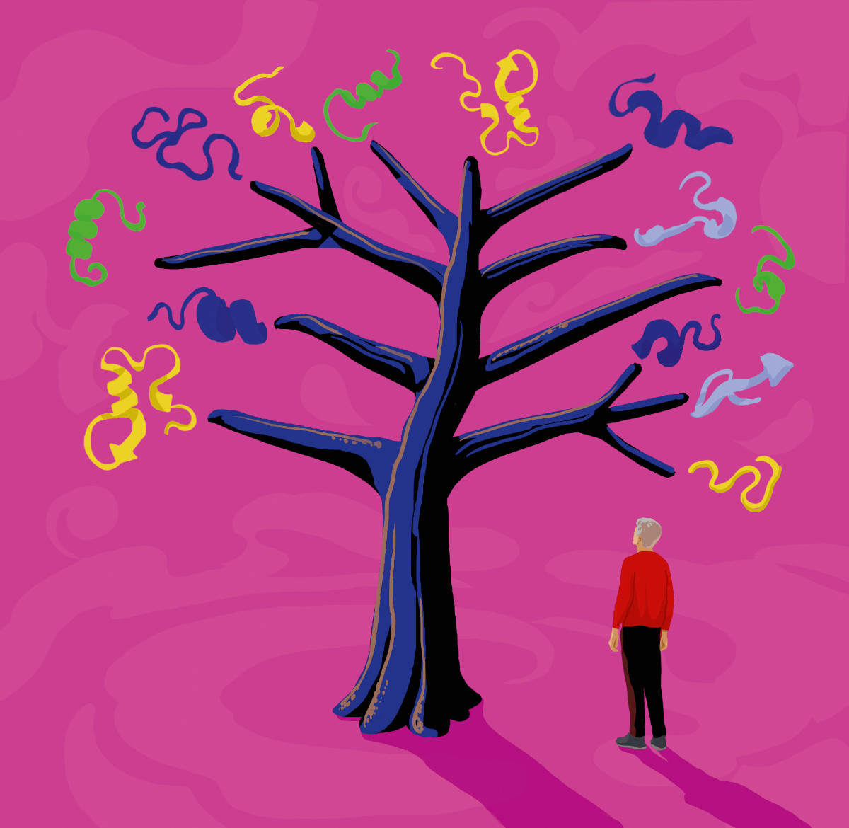 Illustration of a person looking up a tree with bare branches. Instead of leaves at the end of its branches, this tree has multi-coloured squiggles