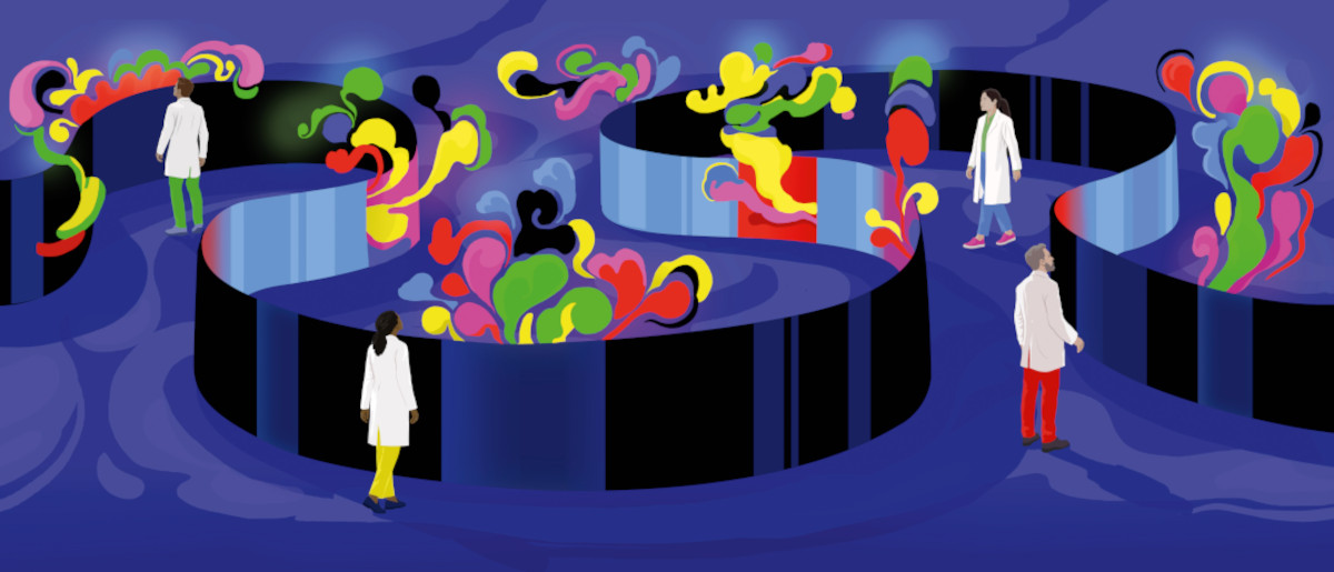 Illustration of scientists inspecting colourful spills of gases out of sections of a ribbon. Investigating dark DNA concept