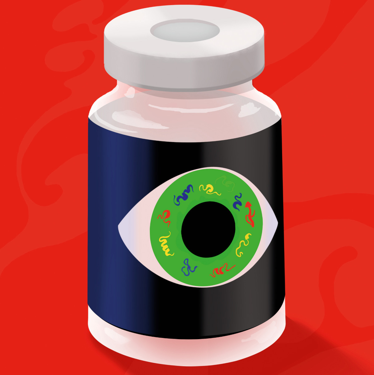 Illustration of a vaccine bottle. A green eye with DNA strands around its pupil is on the label