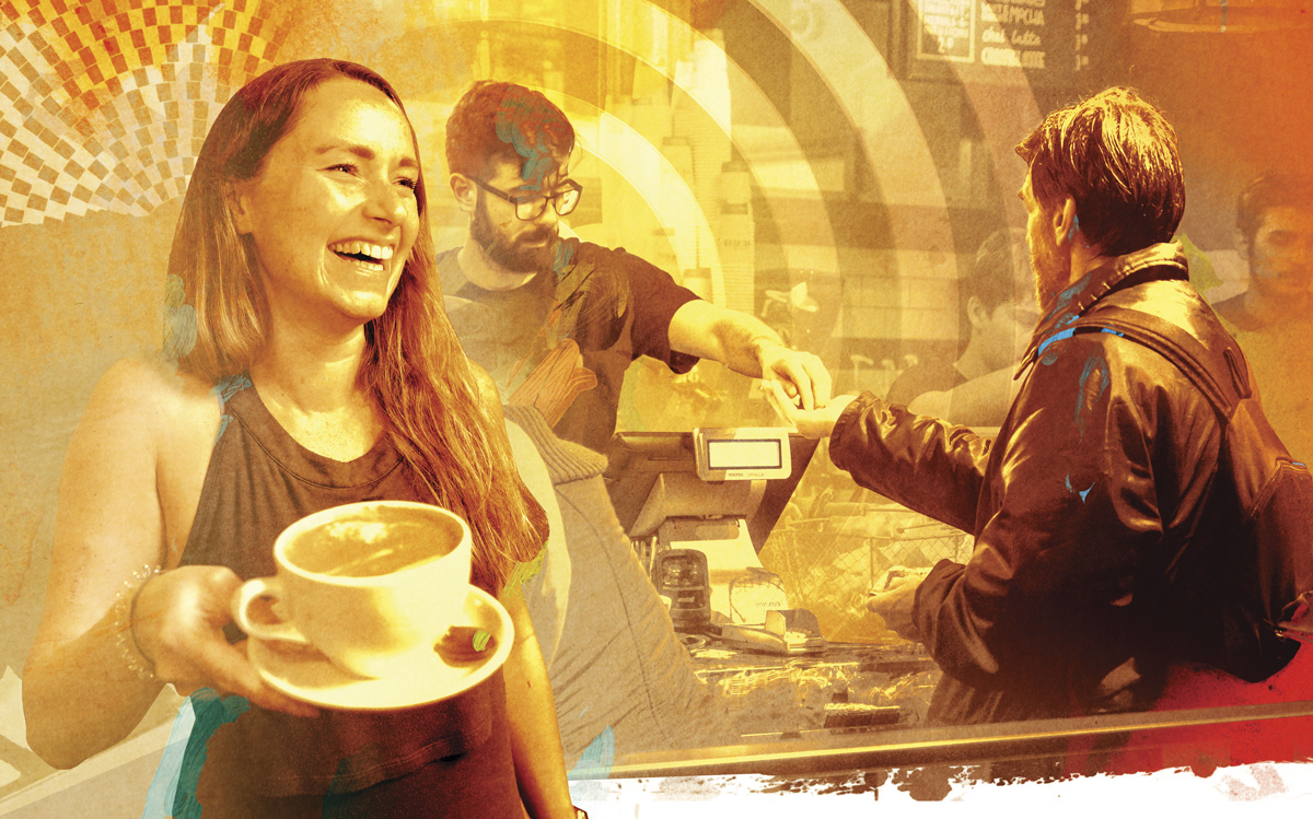 People talking to barista People talking to barista
