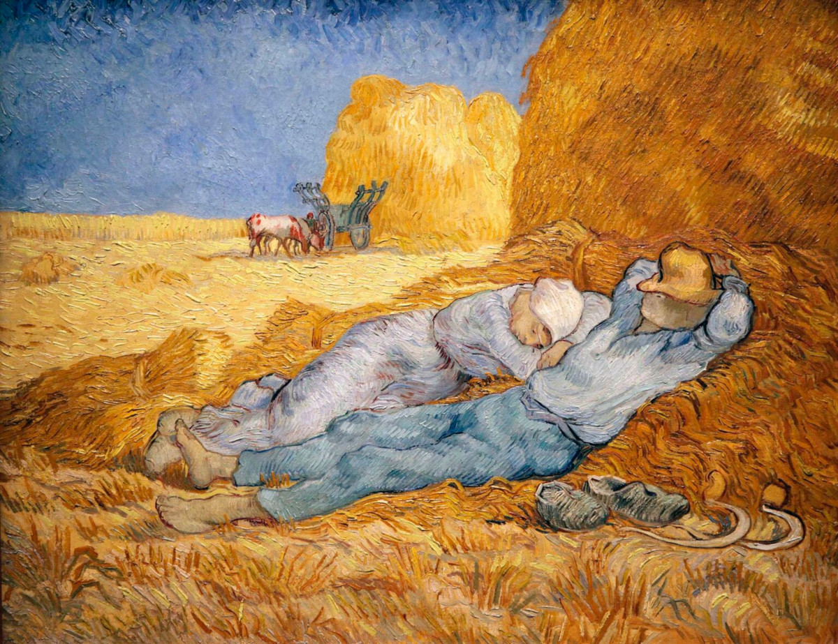 Van Gogh's The Siesta (after Millet) - a painting of two farmers asleep in the hay