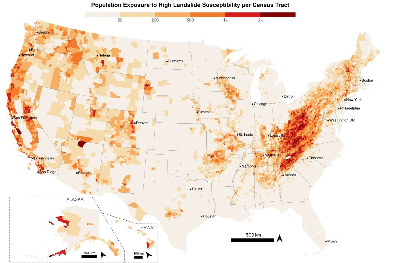map of the US showing hot spots along the west coast, and Appalachian mountains