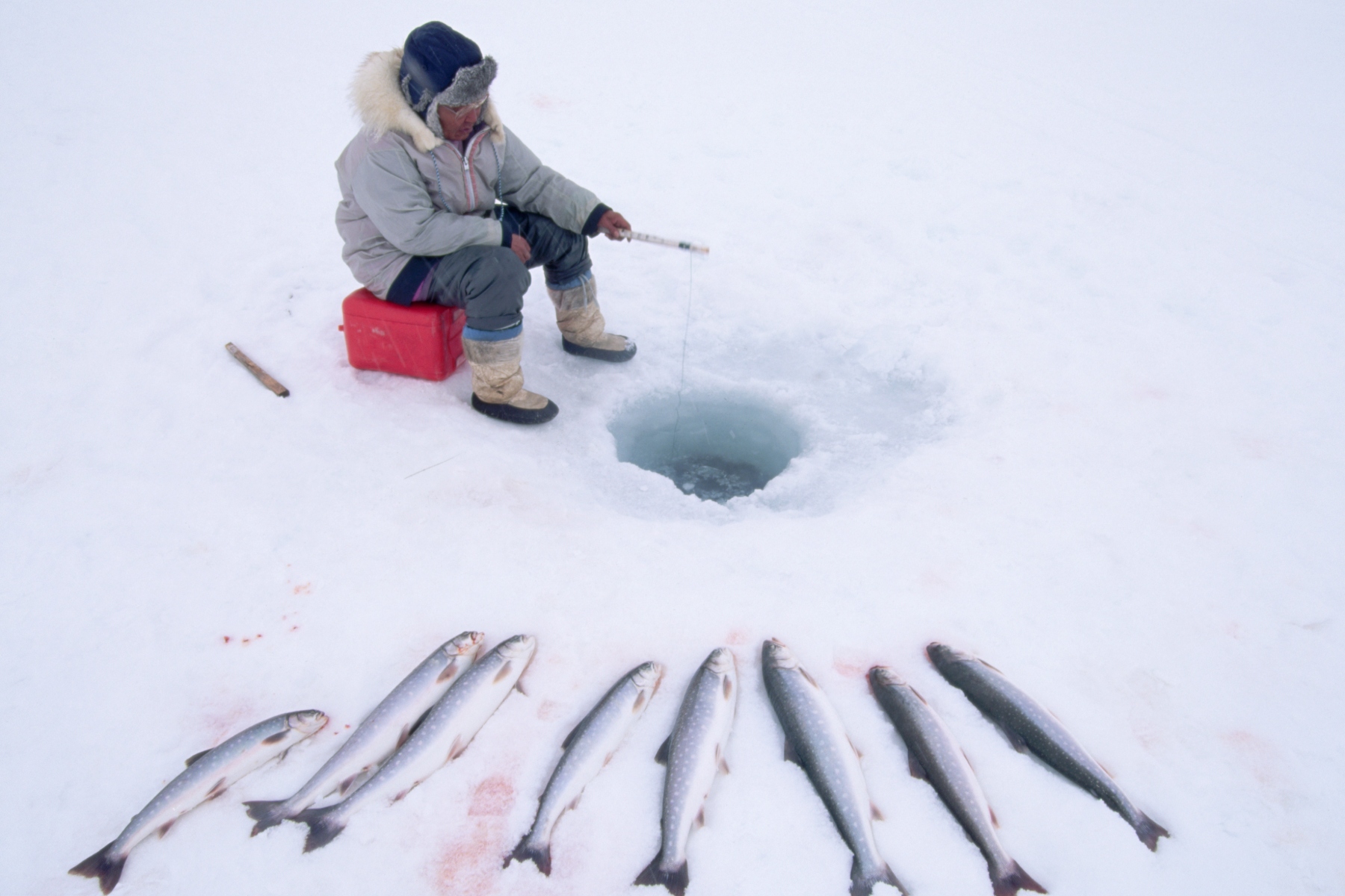 Nunavut villager fishing from a hole in the ice