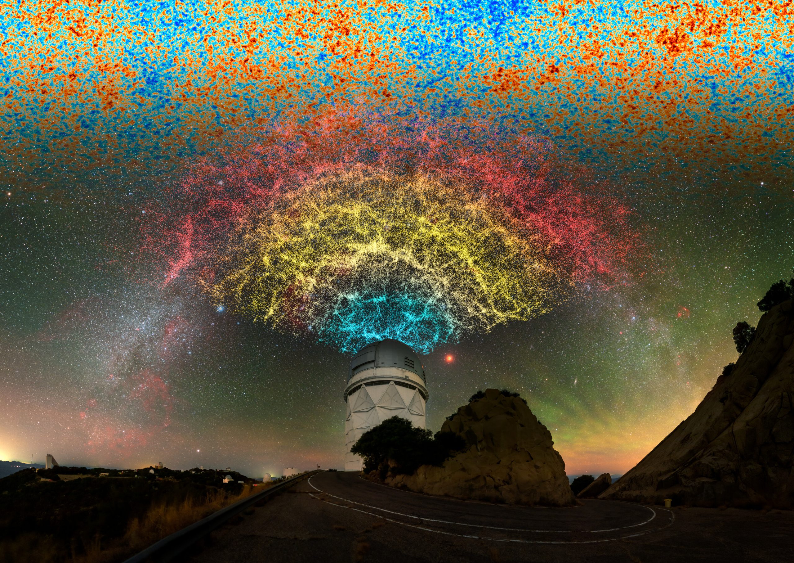 A telescope observatory, with a network of bright dots above it, representing the galaxy map