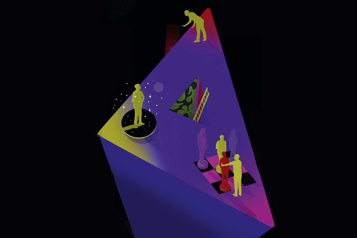 An illustration of a triangle with different representations of dark empath behaviour on it