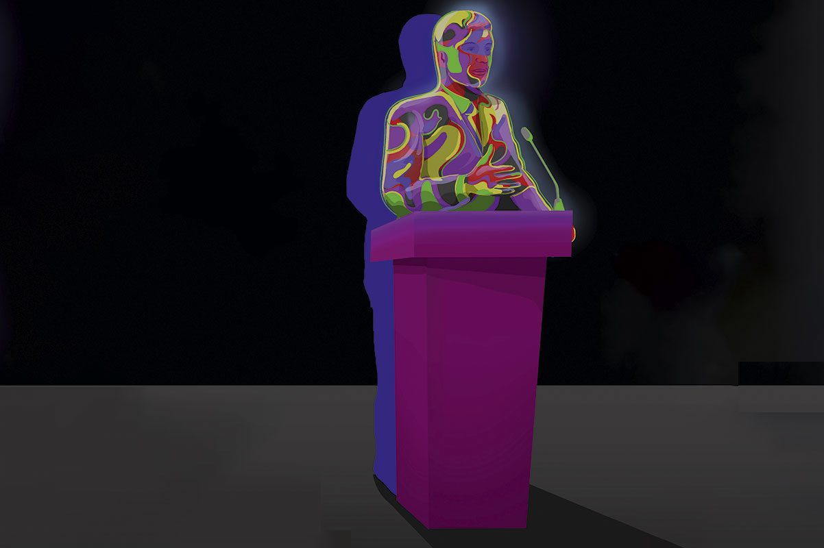 An illustration of a man stood giving a speech on stage