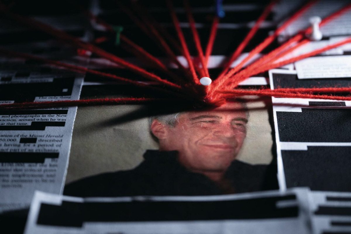 A photo of Jeffrey Epstein, a pin in his forehead with many red strings leading to other files and people, evidence
